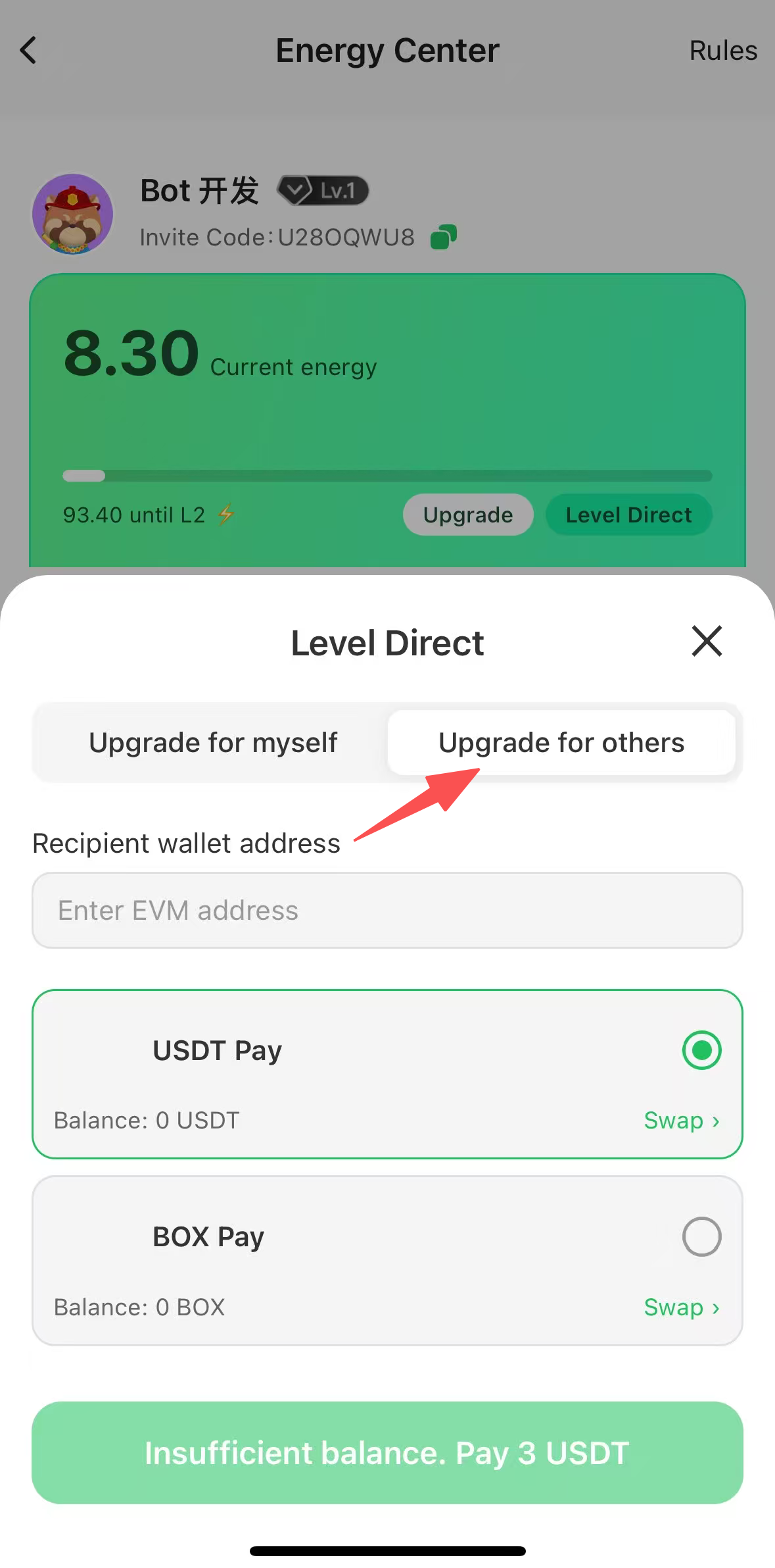 Level Up Others form with an EVM address field