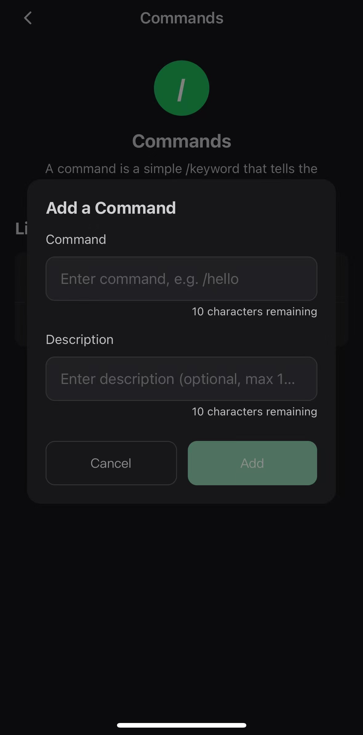 Form for adding a bot command and description