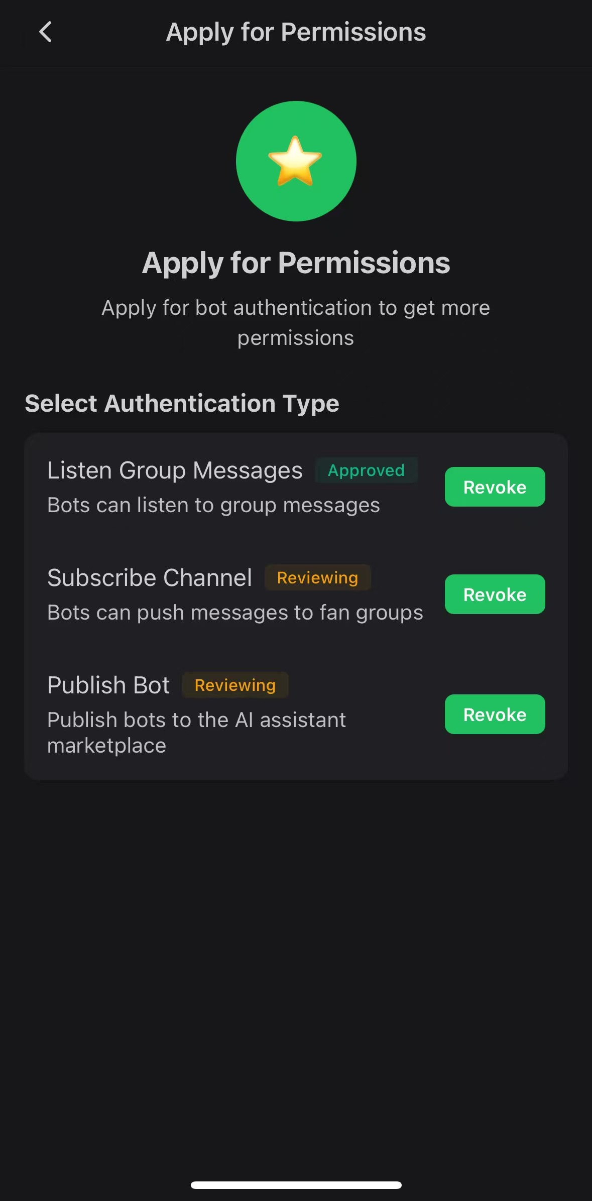 Bot permission application page