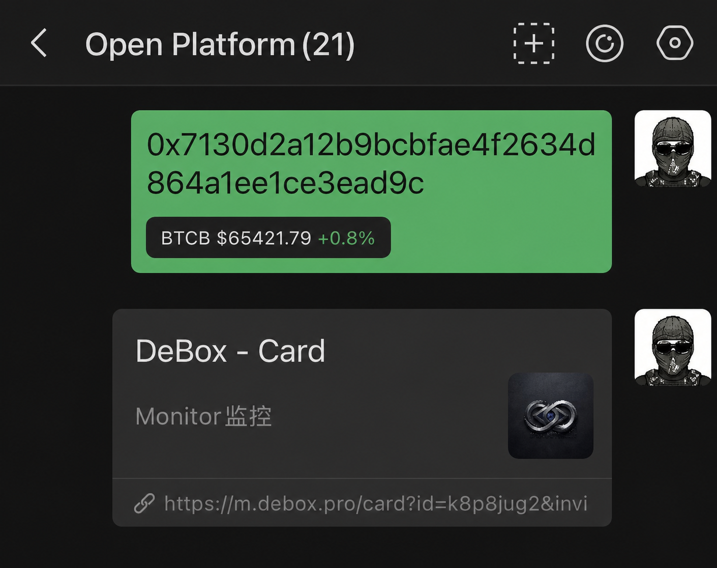 Two variant message examples in a DeBox group chat: a contract-address market card and a DeBox Card