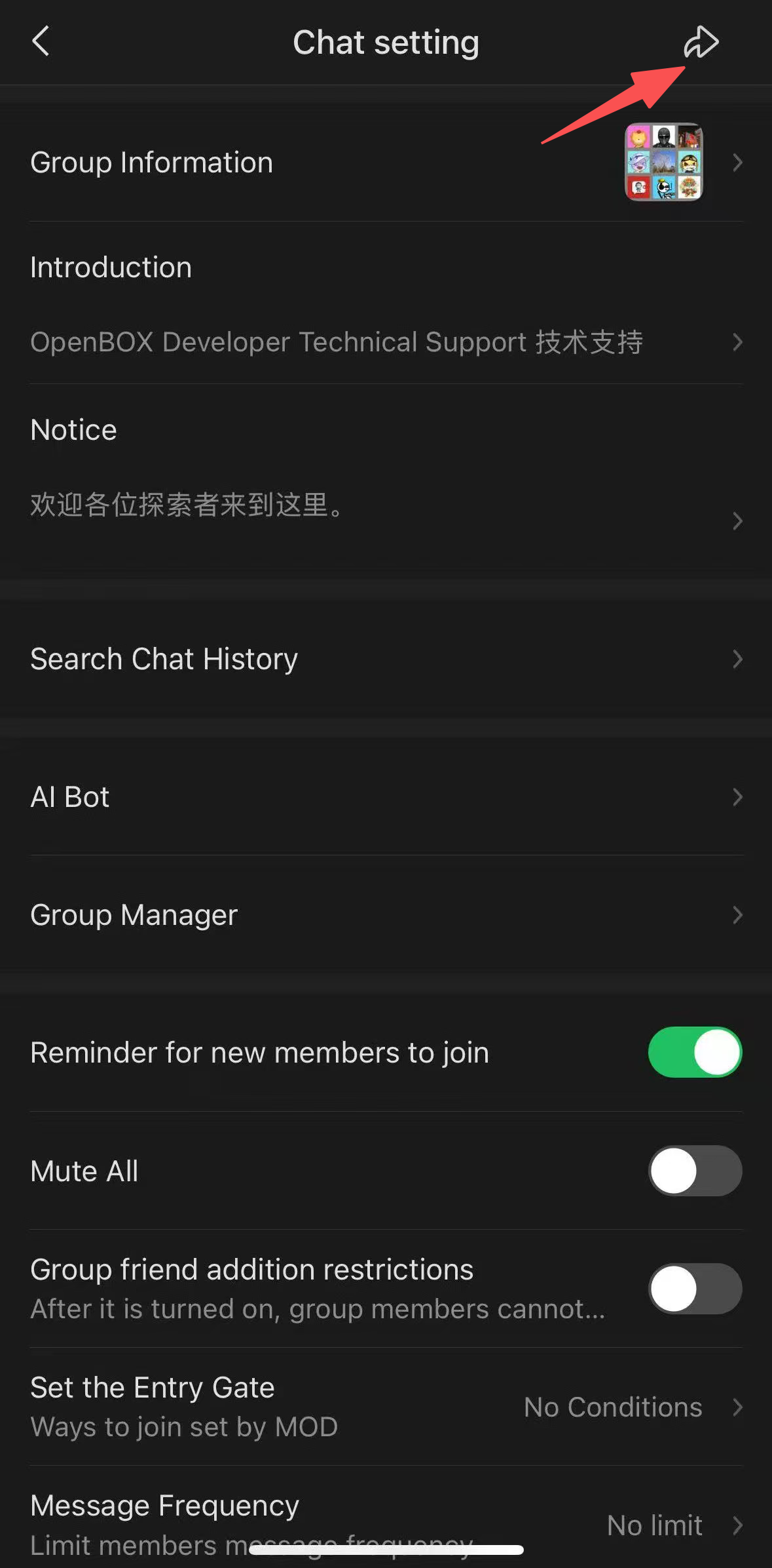 Open the share panel from the group settings