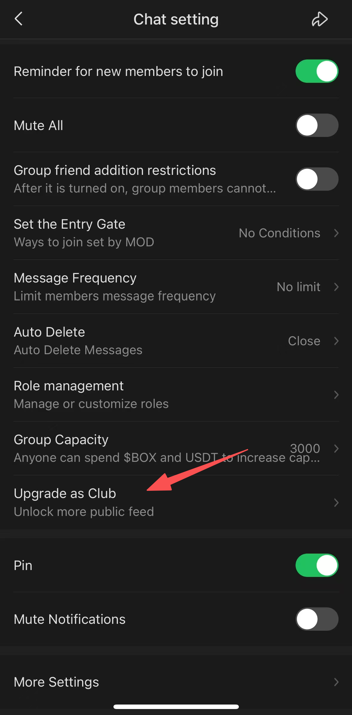 Select Upgrade to Club in Chat Settings